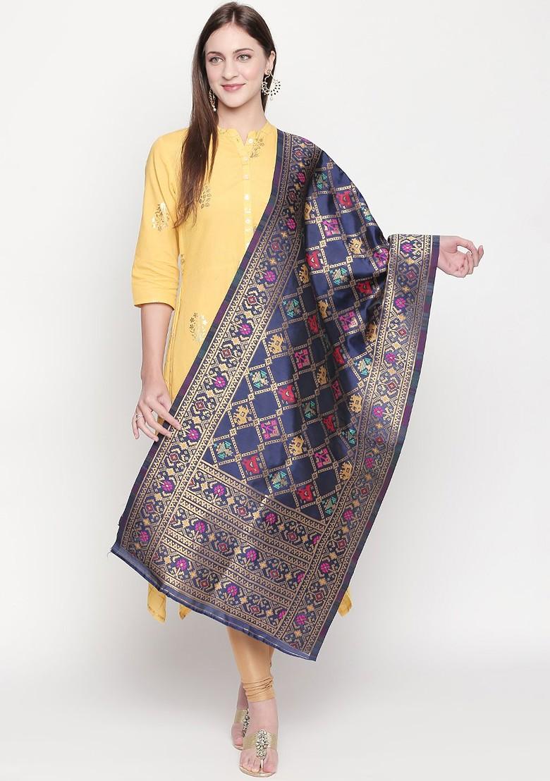 Blue And Gold Toned Woven Design Dupatta