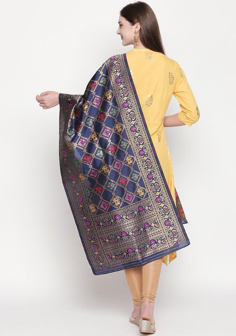 Blue And Gold Toned Woven Design Dupatta