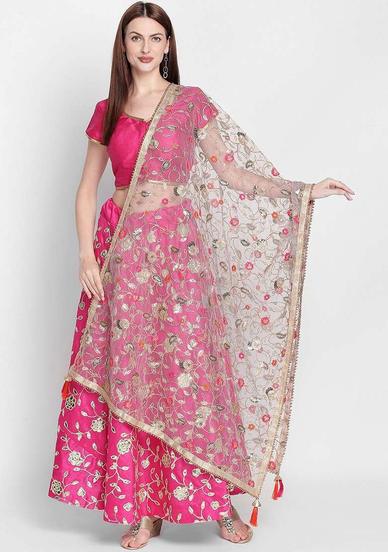 Women Grey And Gold Toned Embroidered Dupatta - Indya