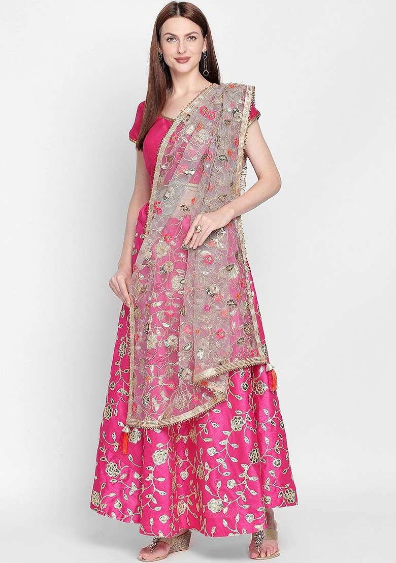 Women Grey And Gold Toned Embroidered Dupatta - Indya