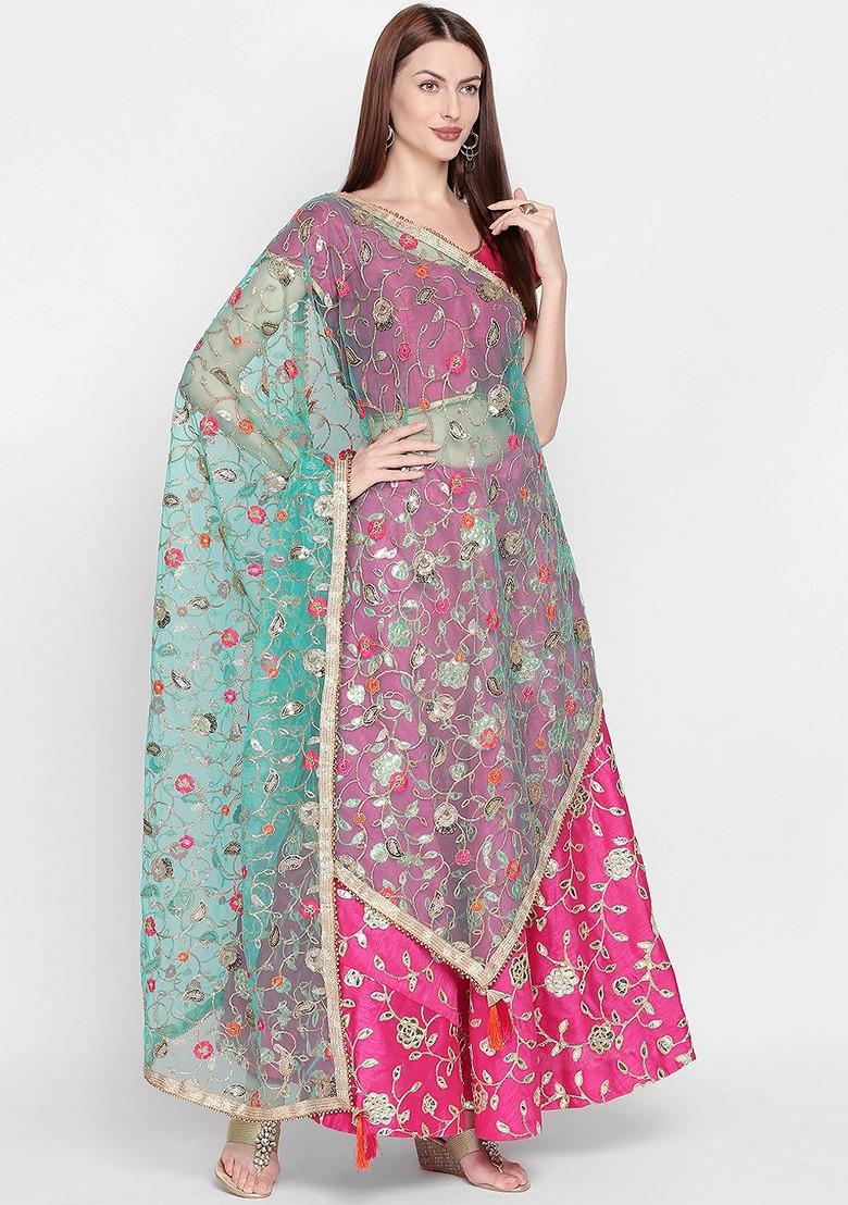 Women Sea Green And Gold Toned Embroidered Dupatta