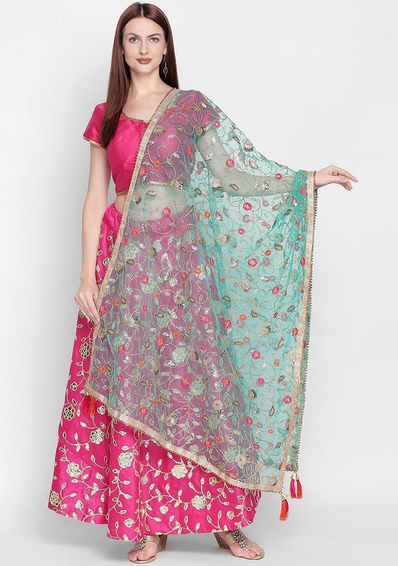 Women Sea Green And Gold Toned Embroidered Dupatta