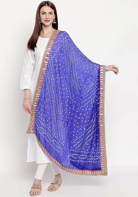 Blue And White Bandhani Dyed Gotta Patti Dupatta