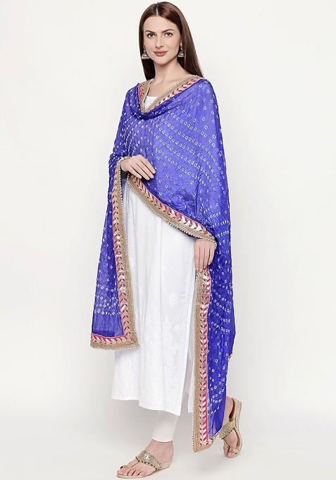Blue And White Bandhani Dyed Gotta Patti Dupatta