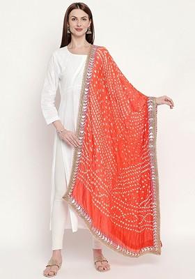 Orange And White Bandhani Dyed Gotta Patti Dupatta