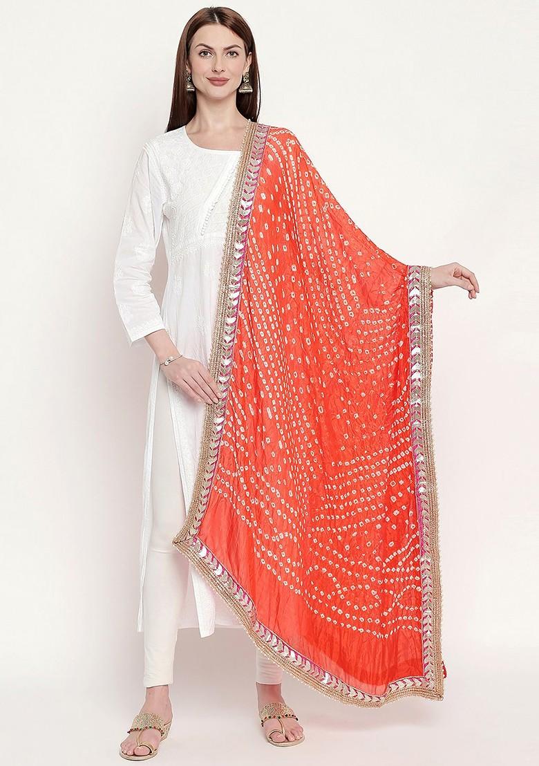 Orange And White Bandhani Dyed Gotta Patti Dupatta