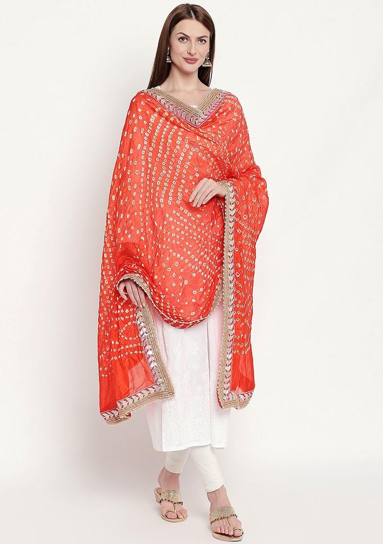 Orange And White Bandhani Dyed Gotta Patti Dupatta