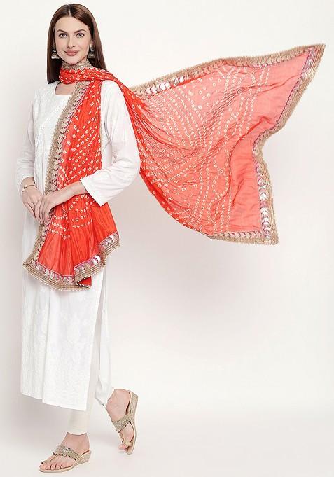 Orange And White Bandhani Dyed Gotta Patti Dupatta
