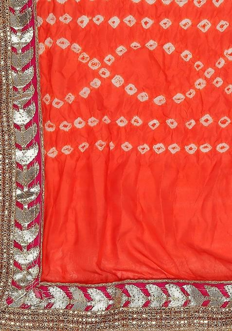 Orange And White Bandhani Dyed Gotta Patti Dupatta