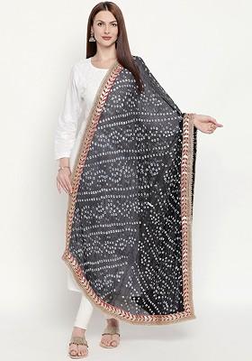 Women Black And White Bandhani Dyed Gotta Patti Dupatta