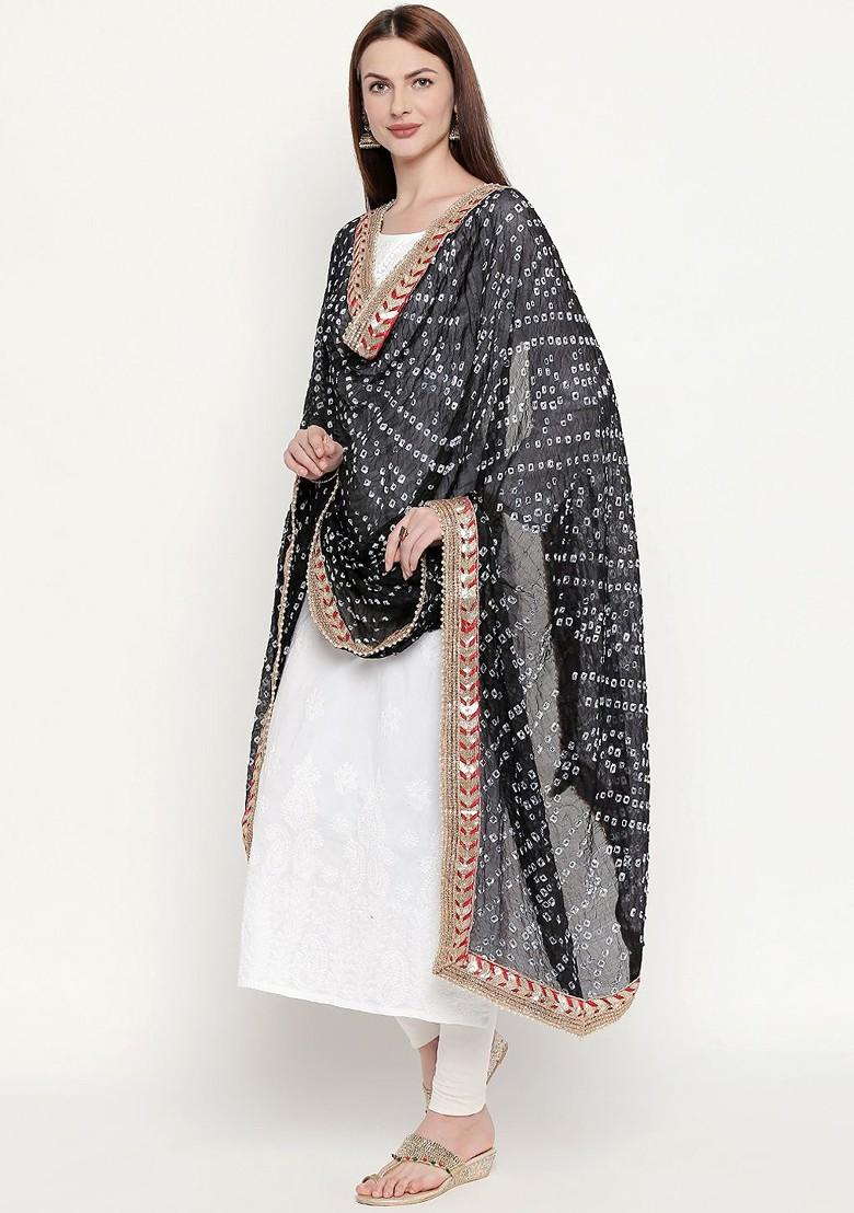 Women Black And White Bandhani Dyed Gotta Patti Dupatta