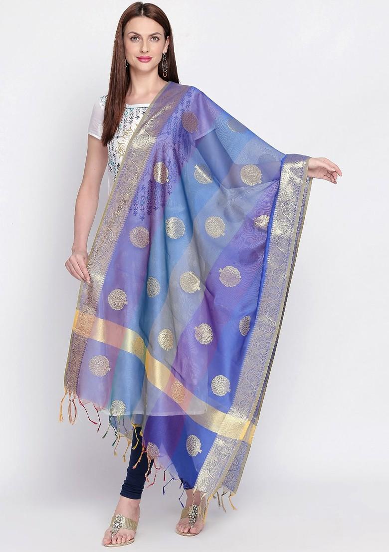 Blue And Gold Toned Woven Design Dupatta