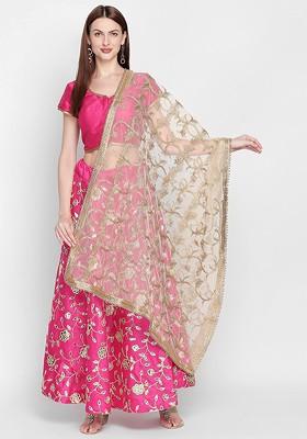Women White And Gold Toned Embroidered Dupatta