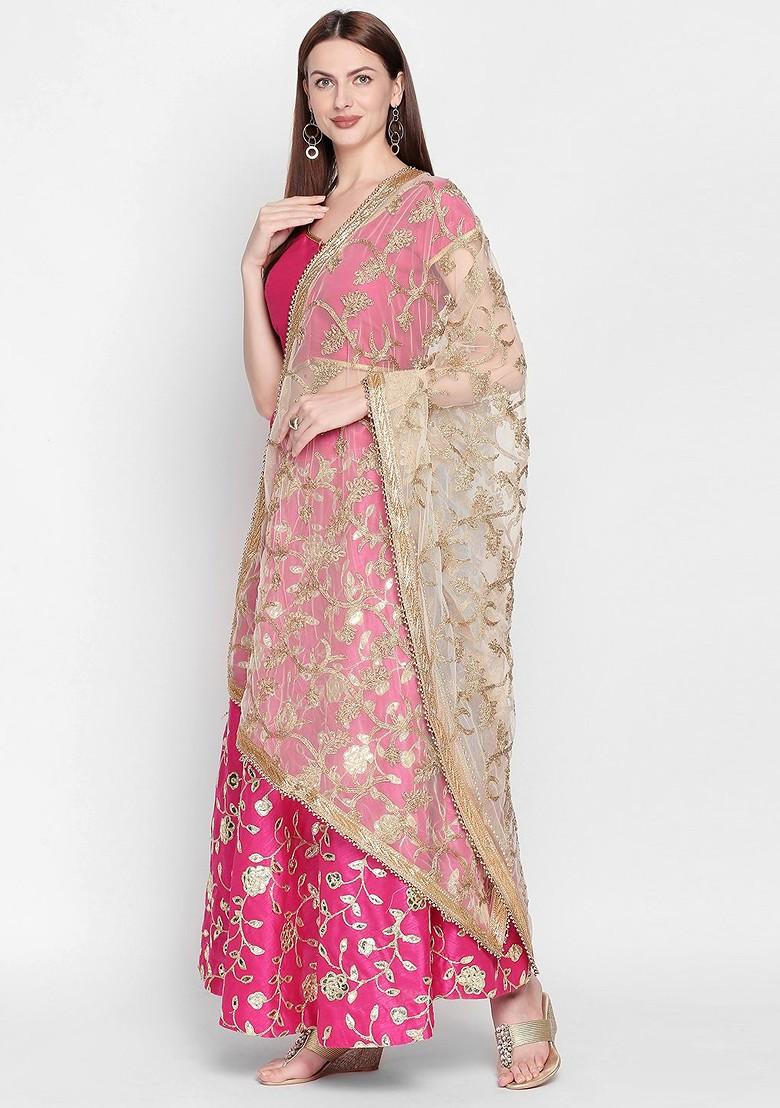 Women White And Gold Toned Embroidered Dupatta