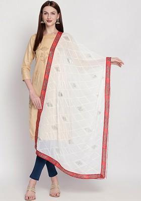 White And Red Embroidered Mukaish Work Dupatta