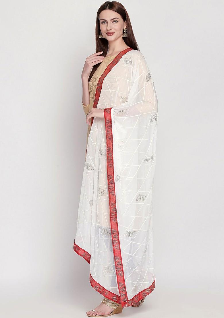 White And Red Embroidered Mukaish Work Dupatta
