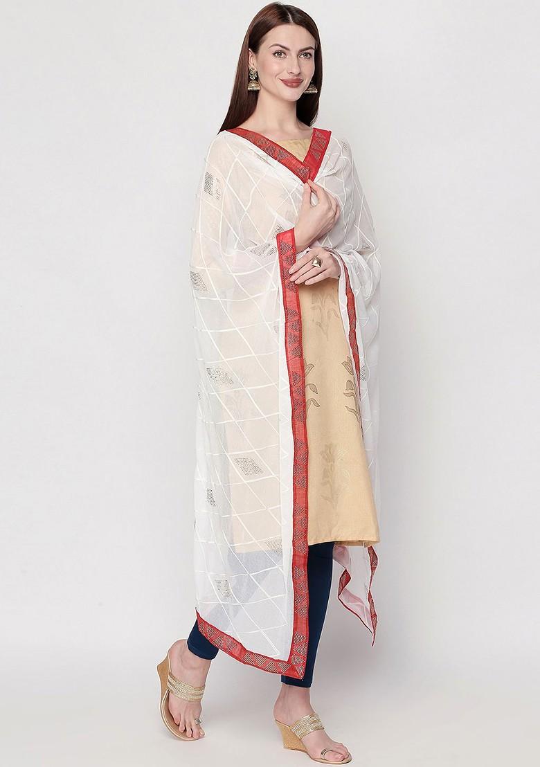 White And Red Embroidered Mukaish Work Dupatta