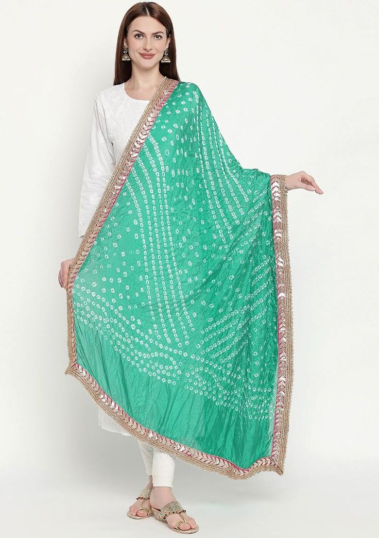 Green And White Bandhani Dyed Gotta Patti Dupatta