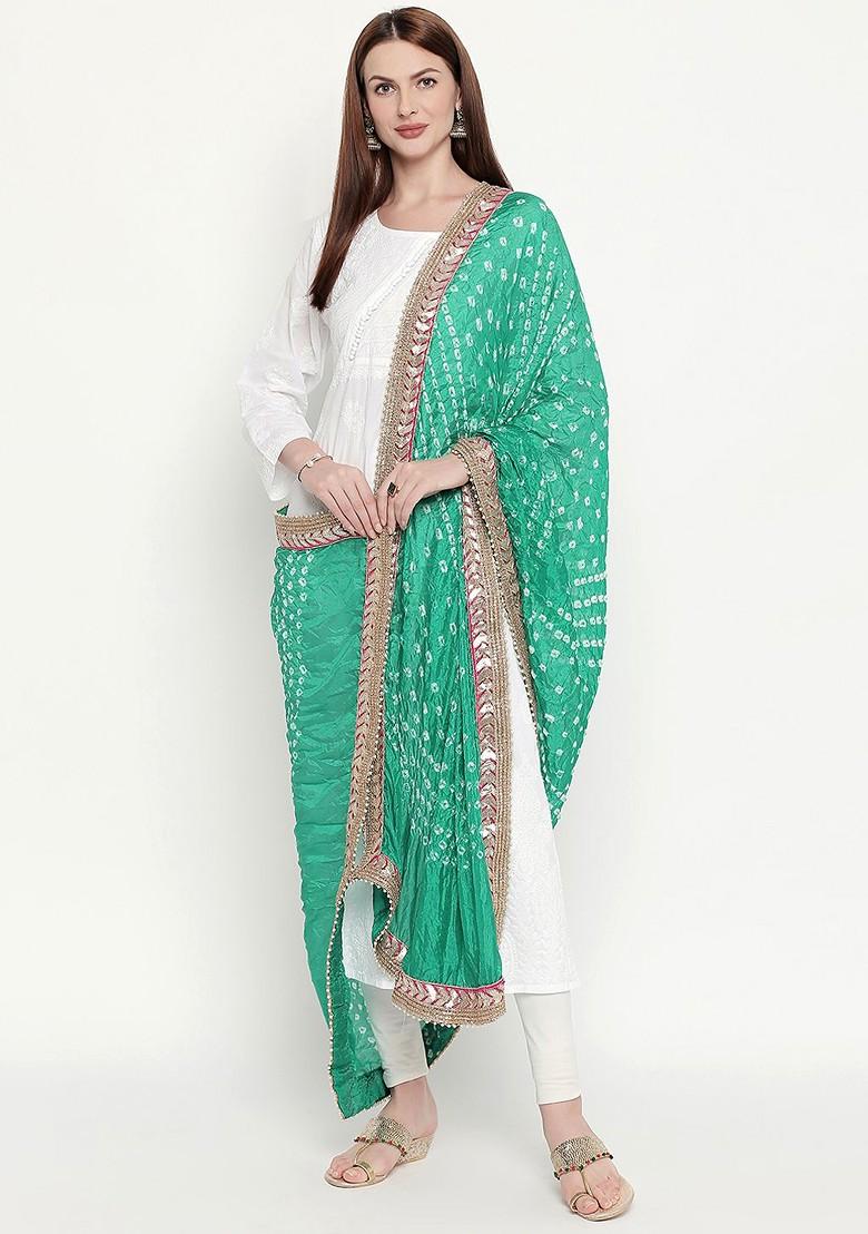 Green And White Bandhani Dyed Gotta Patti Dupatta