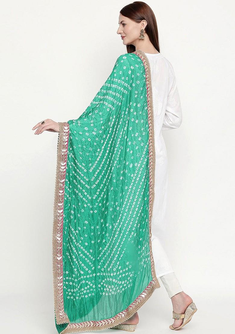 Green And White Bandhani Dyed Gotta Patti Dupatta
