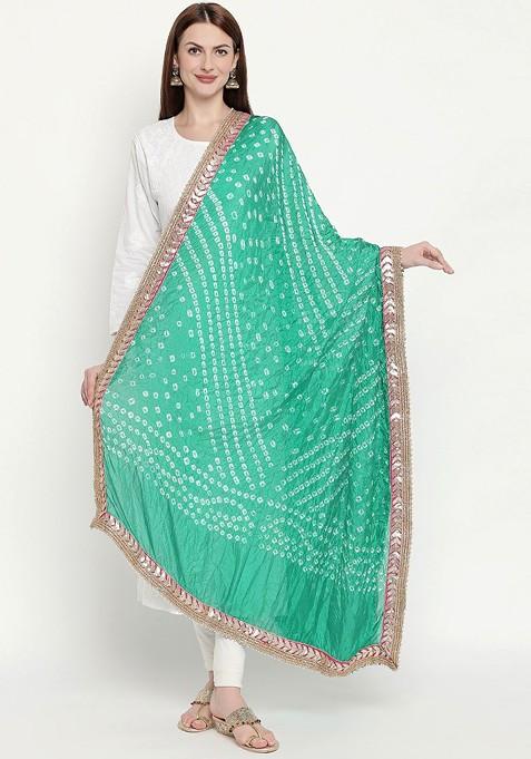 Green And White Bandhani Dyed Gotta Patti Dupatta