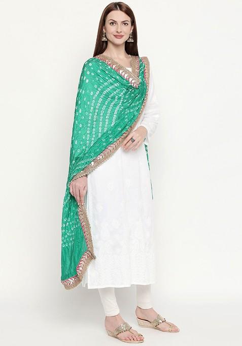 Green And White Bandhani Dyed Gotta Patti Dupatta
