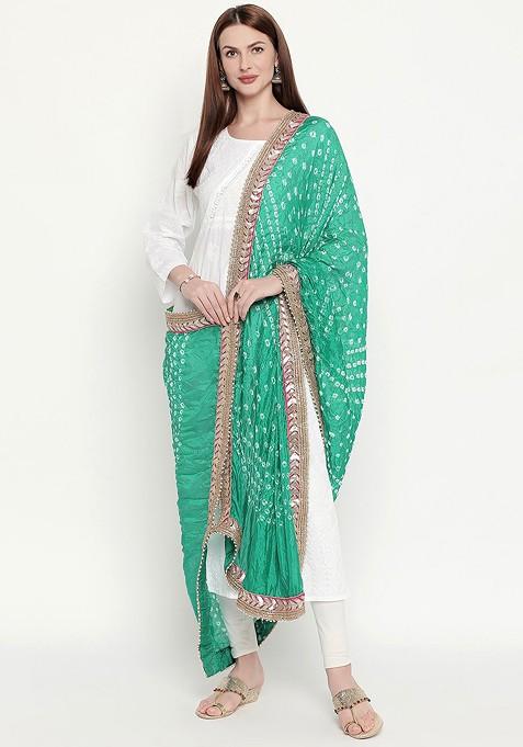 Green And White Bandhani Dyed Gotta Patti Dupatta