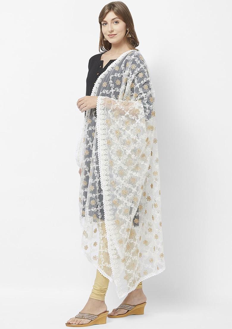 Off White And Gold Toned Embroidered Dupatta