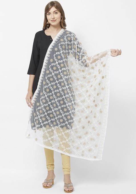 Off White And Gold Toned Embroidered Dupatta