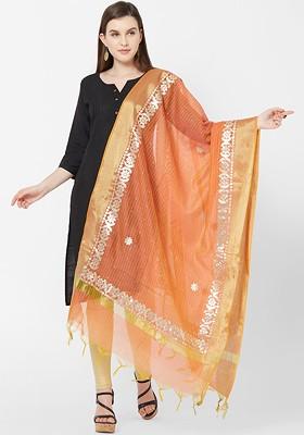 Orange And Beige Embroidered Dupatta