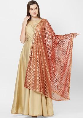 Red And Gold Toned Embroidered Dupatta