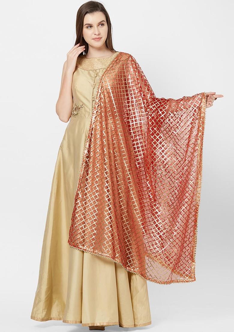 Red And Gold Toned Embroidered Dupatta