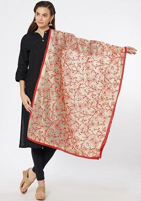 Women Beige And Red Embroidered Dupatta