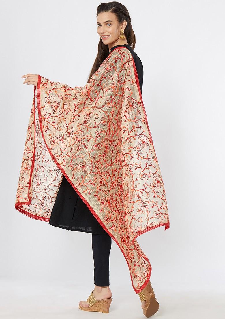 Women Beige And Red Embroidered Dupatta