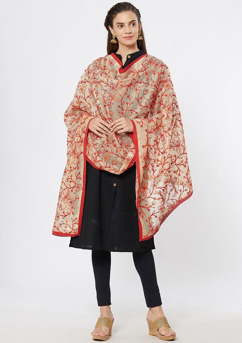 Women Beige And Red Embroidered Dupatta