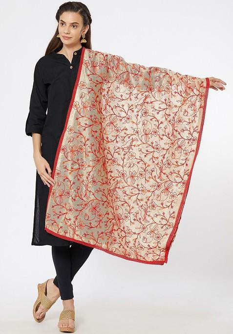 Women Beige And Red Embroidered Dupatta