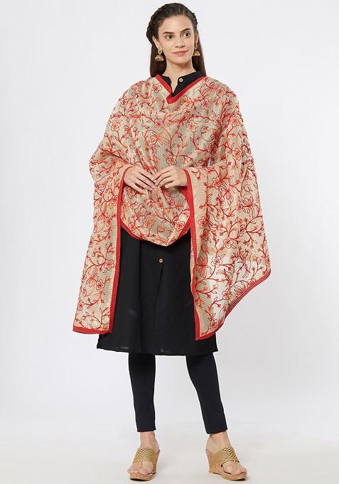 Women Beige And Red Embroidered Dupatta