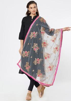 Women Grey And Pink Embroidered Dupatta
