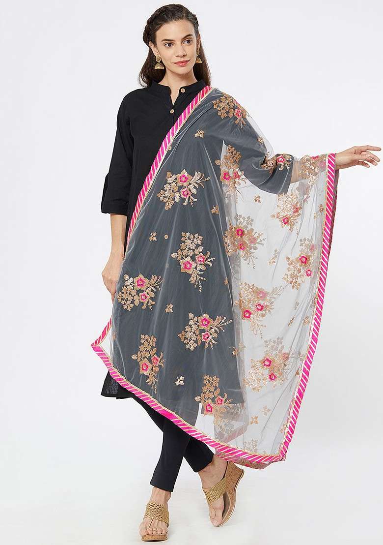Women Grey And Pink Embroidered Dupatta - Indya