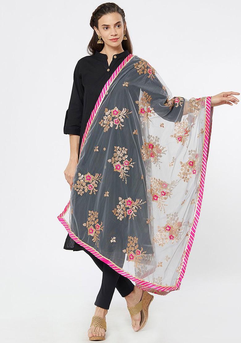 Women Grey And Pink Embroidered Dupatta