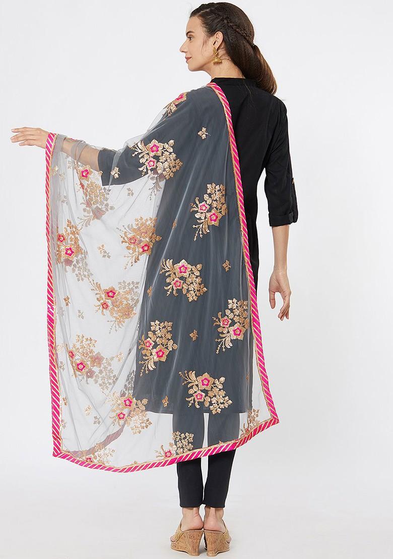 Women Grey And Pink Embroidered Dupatta
