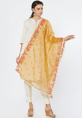 Mustard And Multicoloured Embroidered Dupatta