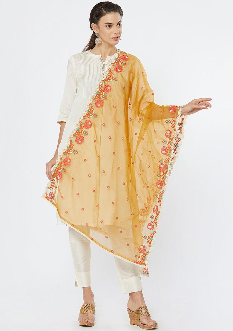 Mustard And Multicoloured Embroidered Dupatta