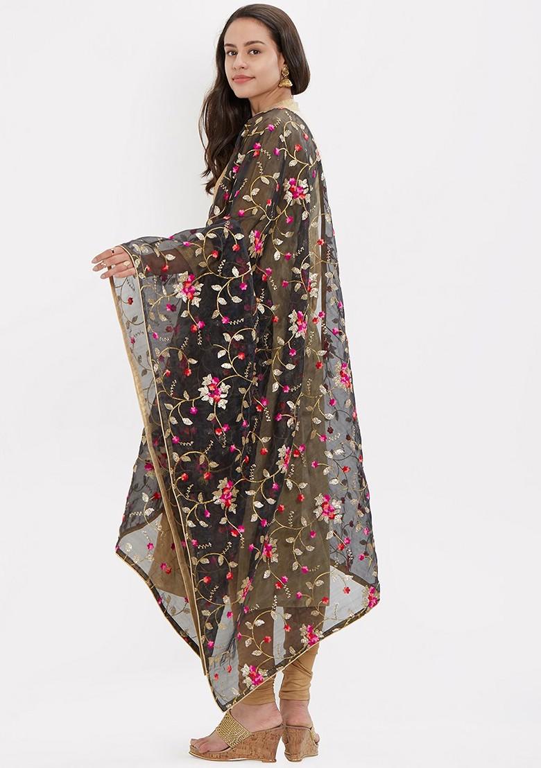 Women Black And Pink Embroidered Dupatta