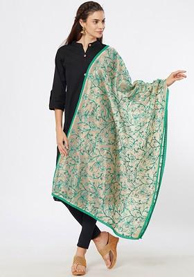 Beige And Turquoise Blue Embroidered Dupatta