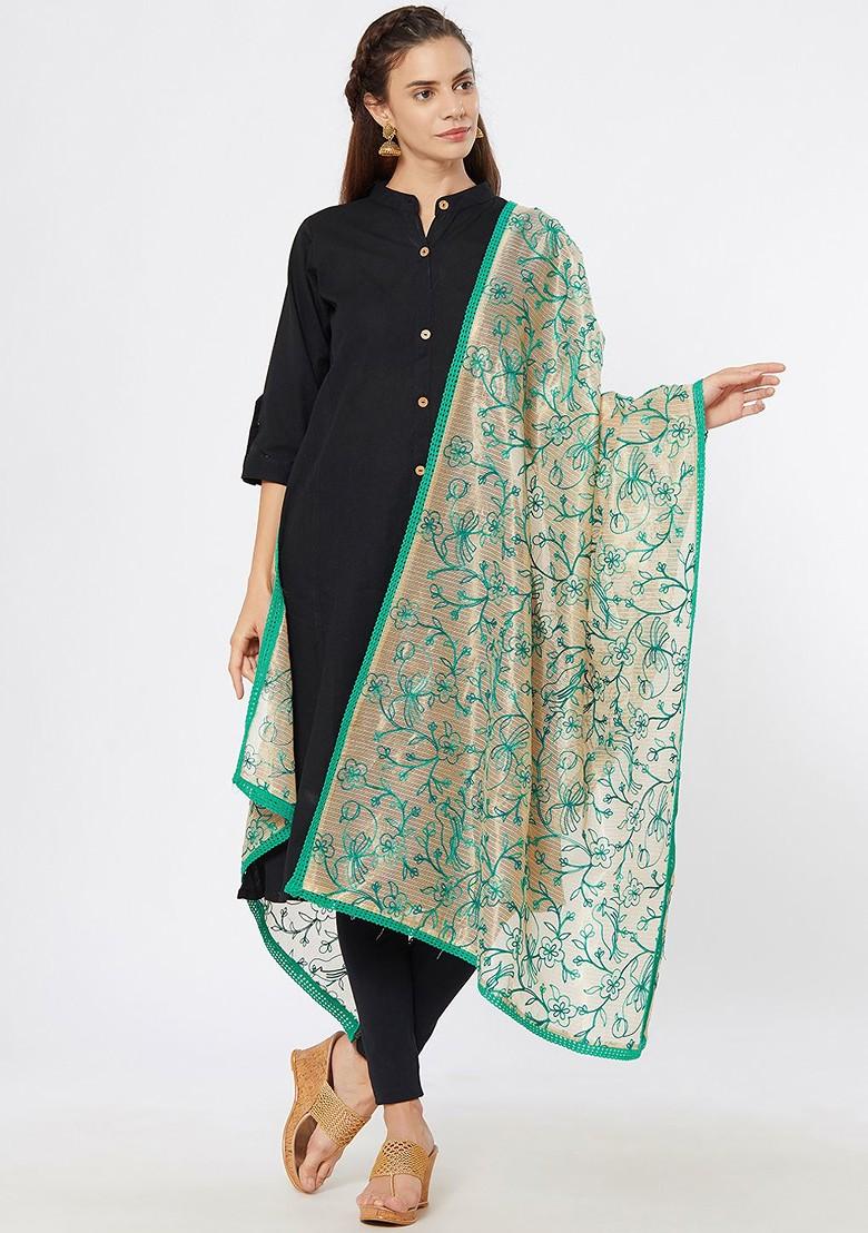 Beige And Turquoise Blue Embroidered Dupatta