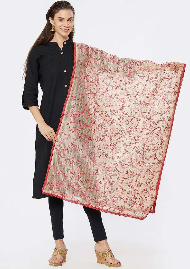 Beige And Pink Embroidered Dupatta - Indya