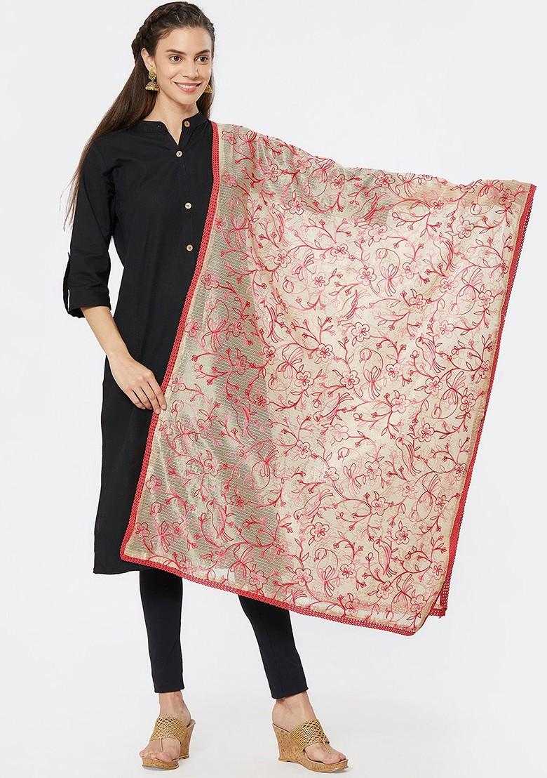 Beige And Pink Embroidered Dupatta