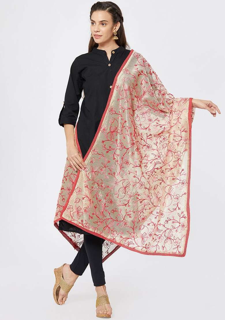 Beige And Pink Embroidered Dupatta - Indya