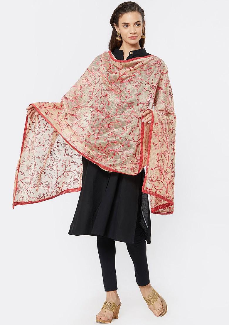 Beige And Pink Embroidered Dupatta